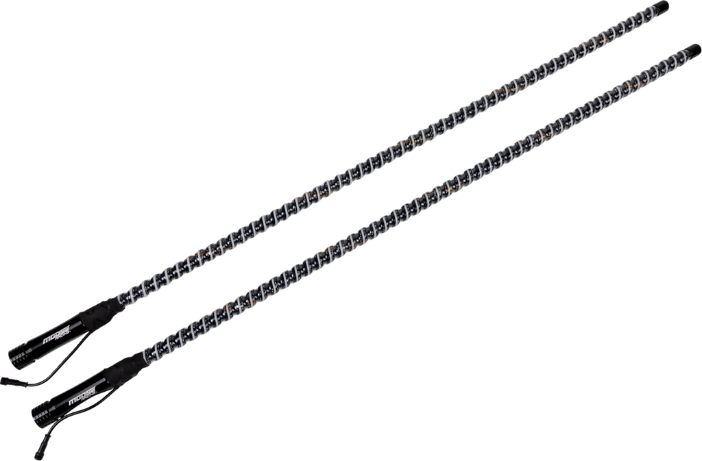 Two black LED light strips with attached controllers and wrist straps, laid diagonally on a white background. Each strip contains multiple small, evenly spaced LEDs along its length, and the controllers display white brand and technical text.