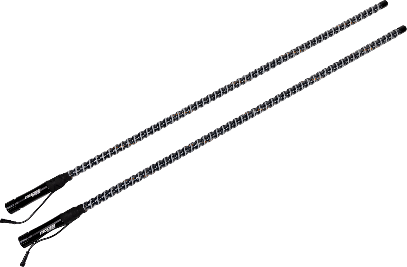 Two black LED light strips with attached controllers and wrist straps, laid diagonally on a white background. Each strip contains multiple small, evenly spaced LEDs along its length, and the controllers display white brand and technical text.