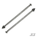 Two S3 Power Sports 2017+ Can-Am Maverick X3 64 & 72 HD Tie Rods with clevises are positioned diagonally and parallel on a white background, displaying a brushed metal finish. The Steinjager brand logo appears in the lower right corner.