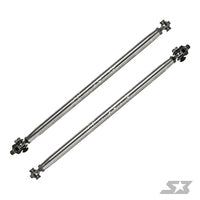Two S3 Power Sports 2017+ Can-Am Maverick X3 64 & 72 HD Tie Rods with clevises are positioned diagonally and parallel on a white background, displaying a brushed metal finish. The Steinjager brand logo appears in the lower right corner.