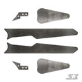 Six steel plates from the S3 Power Sports 2017+ Can-Am Maverick X3 72 Trailing Arms Weld-In Gusset Kit are shown on a white background, each varying in size and shape with different edges and holes for assembly.