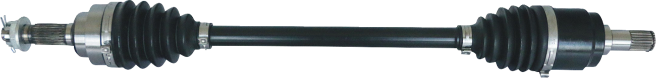 A car axle shaft with black rubber boots and metal clamps on both ends, featuring splined metal tips for connecting to vehicle components. The shaft is straight and cylindrical, designed for use in an automotive drivetrain system.
