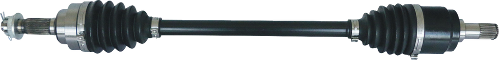 A black automotive drive shaft with rubber accordion-style boots and metal clamps at both ends, featuring splined metal connectors for attachment. The background is plain and light-colored, highlighting the shaft’s details.