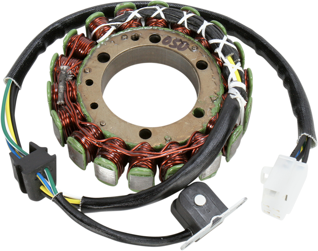 A circular metal stator with copper wire windings and green elements, connected to a bundle of black-sleeved electrical wires ending in plastic plugs and a metal mounting plate. The components are arranged on a plain white background.