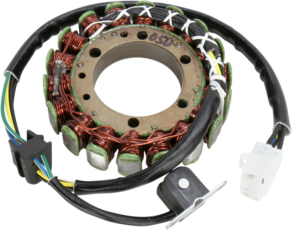 A circular metal stator with copper wire windings and green elements, connected to a bundle of black-sleeved electrical wires ending in plastic plugs and a metal mounting plate. The components are arranged on a plain white background.