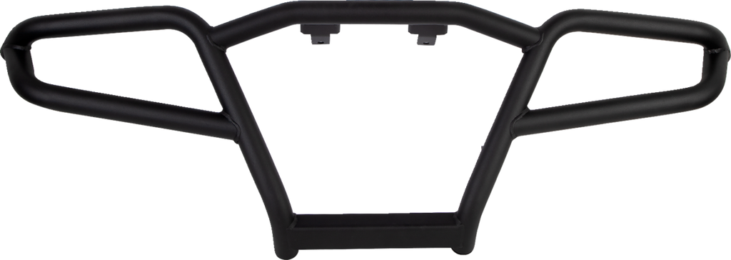 A black metal grille guard with a rectangular base, two side supports angled outward, and two mounting brackets at the top, designed to protect the front of a vehicle. The guard has a matte finish and a sturdy, angular frame.