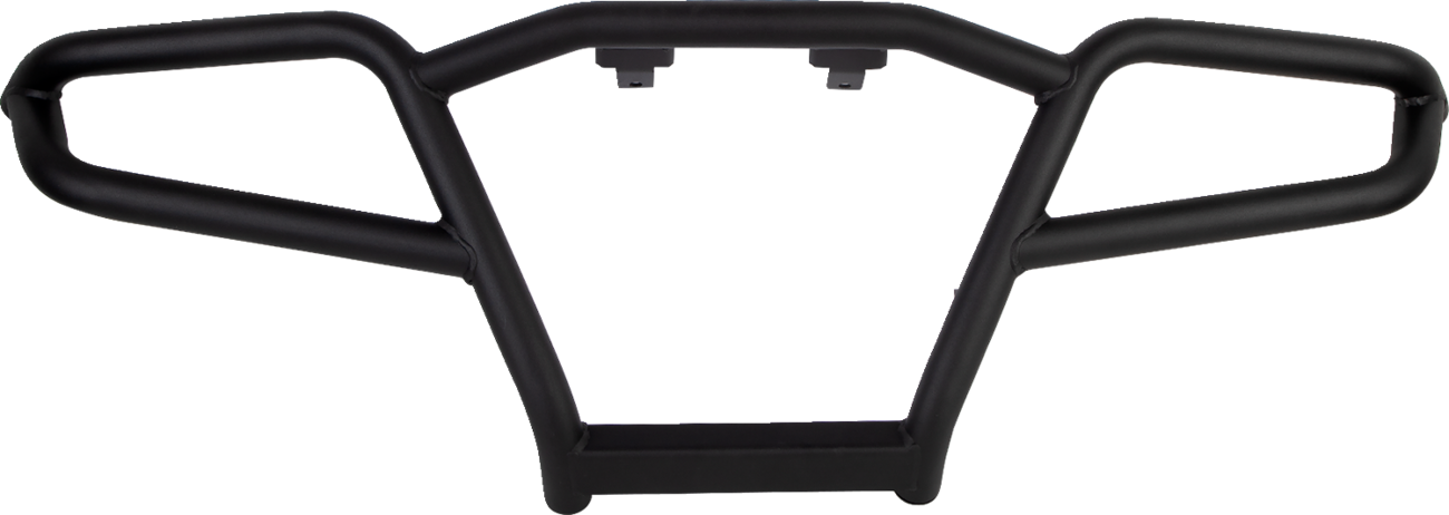 A black metal grille guard with a rectangular base, two side supports angled outward, and two mounting brackets at the top, designed to protect the front of a vehicle. The guard has a matte finish and a sturdy, angular frame.