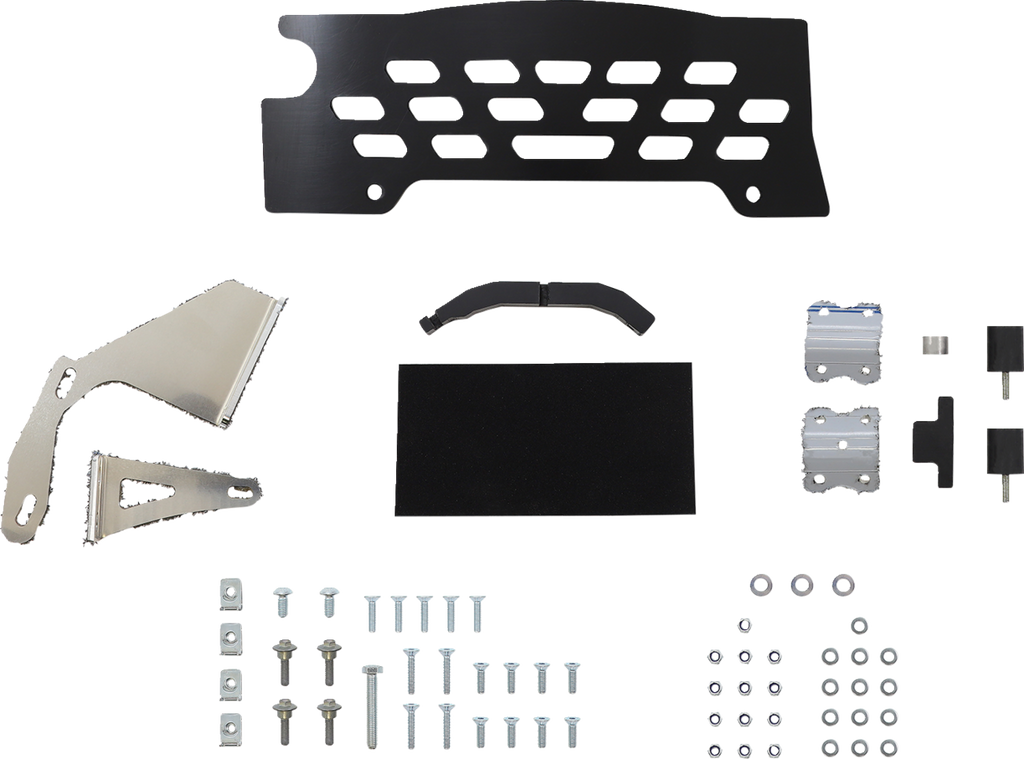 A set of assorted hardware and metal components arranged on a white background, including a black vented panel, silver brackets, small metal plates, a black rectangular pad, a curved black piece, and various bolts, screws, washers, and nuts organized in g