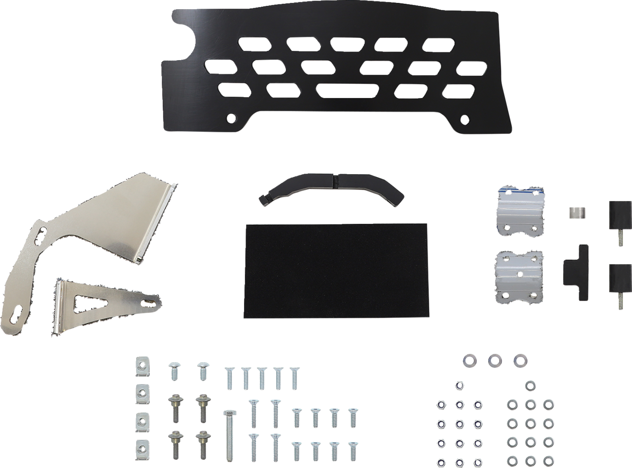 A set of assorted hardware and metal components arranged on a white background, including a black vented panel, silver brackets, small metal plates, a black rectangular pad, a curved black piece, and various bolts, screws, washers, and nuts organized in g
