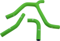 Four bright green silicone hoses with curved and angled shapes are arranged on a white background. Each hose has smooth, glossy surfaces and white branded logos printed on them, indicating they are likely automotive or machinery parts.