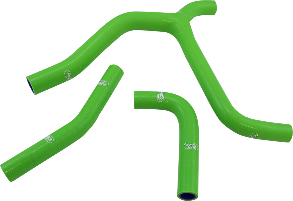Four bright green silicone hoses with curved and angled shapes are arranged on a white background. Each hose has smooth, glossy surfaces and white branded logos printed on them, indicating they are likely automotive or machinery parts.
