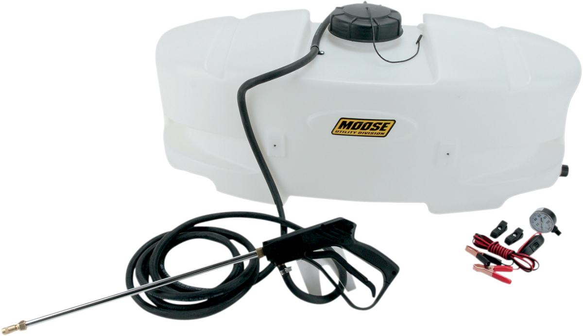 A white rectangular tank sprayer labeled Moose features a black hose, spray wand, and nozzle. The tank has a screw-on lid and is shown with accessories: a gauge, wire clips, and connectors, all arranged on a plain white background.
