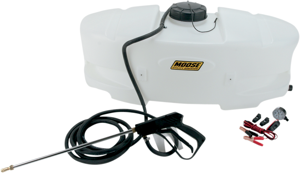 A white plastic tank sprayer labeled Moose Quality Division with a black hose, spray wand, pressure gauge, and battery clips. The tank has a screw-on lid at the top and is designed for liquid spraying applications. Accessories are placed beside the tank.