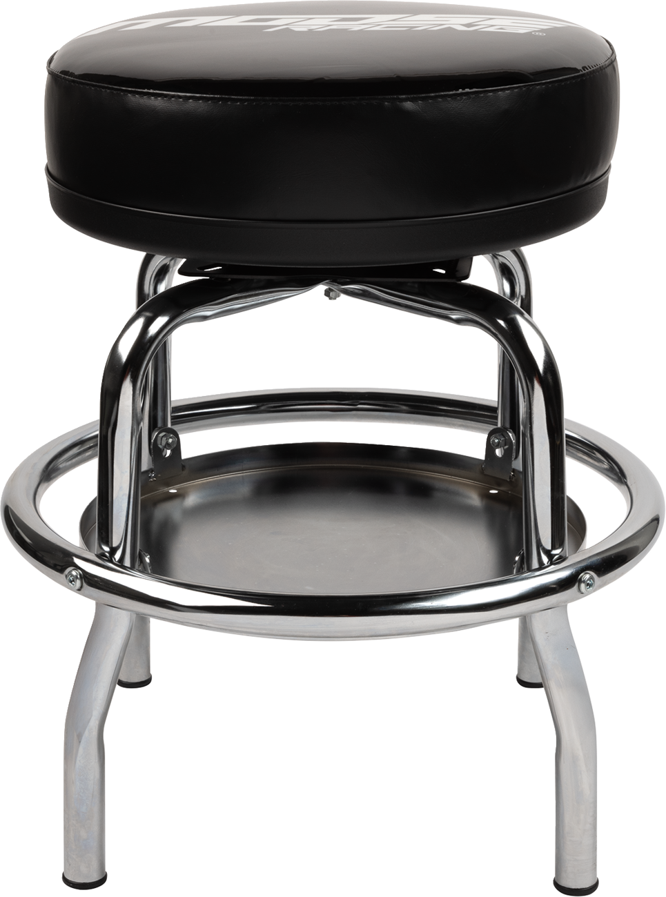 A black, round, padded barstool with shiny chrome legs and circular supports. The seat is upholstered in black vinyl, and there is a circular footrest and an additional metal disk below the seat connecting the legs. The stool is viewed from the front.