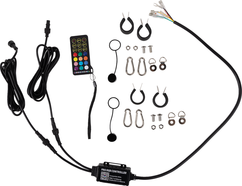 A kit with black cables, a remote control with colored buttons, various metal rings, clips, screws, and mounting hardware, plus a black rectangular Pro RGB Controller box with QR codes and labels, all arranged on a white background.