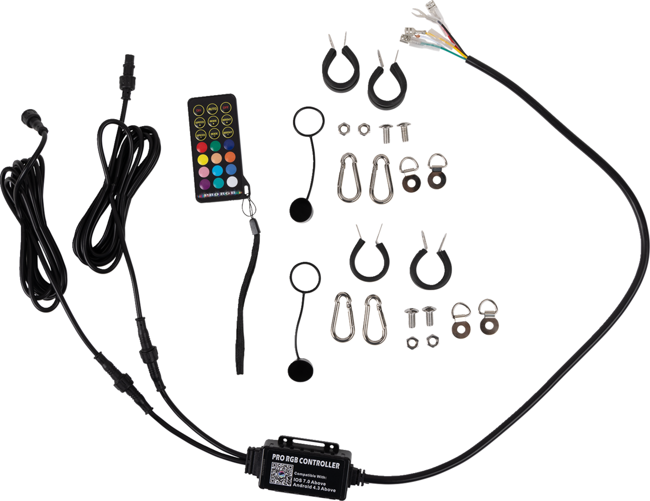 A kit with black cables, a remote control with colored buttons, various metal rings, clips, screws, and mounting hardware, plus a black rectangular Pro RGB Controller box with QR codes and labels, all arranged on a white background.