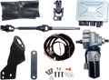 A set of automotive parts for a power steering conversion kit is laid out, including a steering shaft, universal joints, control module, wiring harness, metal brackets, bolts, washers, a rubber sleeve, and an electric power steering motor.