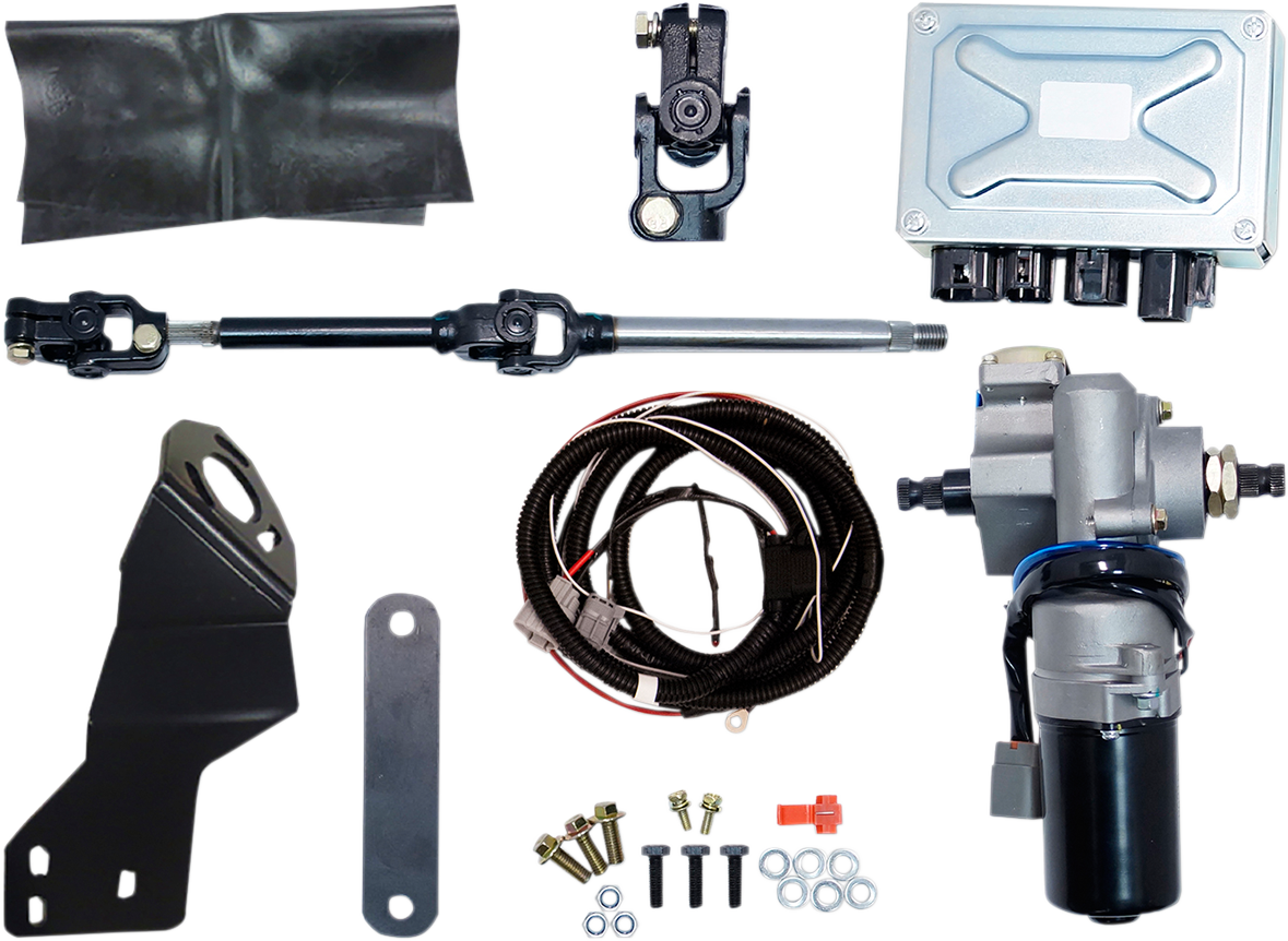 A set of automotive parts for a power steering conversion kit is laid out, including a steering shaft, universal joints, control module, wiring harness, metal brackets, bolts, washers, a rubber sleeve, and an electric power steering motor.