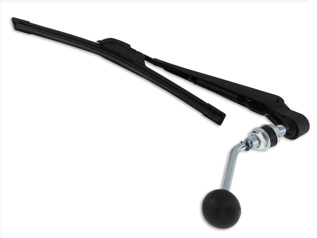 The Optional Accessory Manual Windshield Wiper Kit - All Models is shown with a black wiper arm, attached washer blade, and a metal connector at the base featuring a bent rod ending in a round black knob. The background is white.