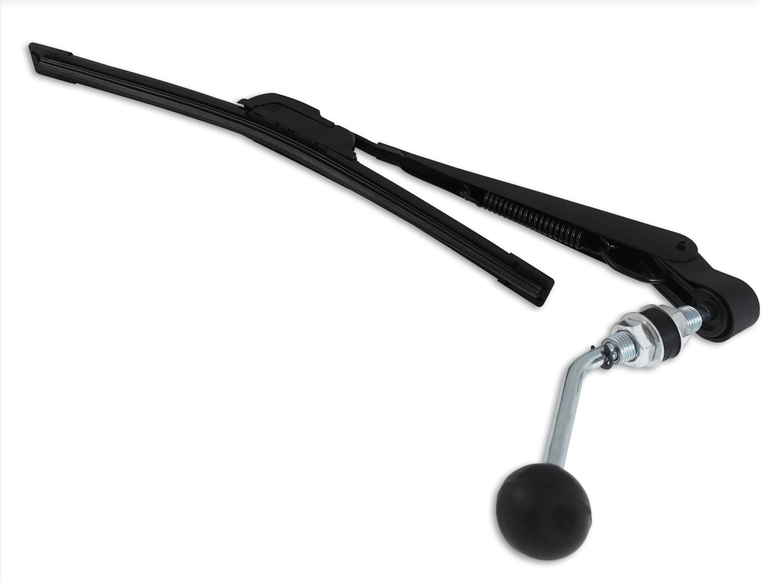 The Optional Accessory Manual Windshield Wiper Kit - All Models is shown with a black wiper arm, attached washer blade, and a metal connector at the base featuring a bent rod ending in a round black knob. The background is white.