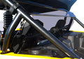 Close-up of the Yamaha YXZ Rear Shield-Tinted-GP (2016-2018), displaying its black metal support bars, shock absorber, and exposed mechanical parts within an open-frame design. Visible yellow exterior and textured black interior elements.