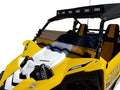 A Yamaha Yxz Dark Tint Short Shield-Gp 2016-2018 in yellow with a black roof, LED light bar, tinted windshield, two bucket seats, and bold black and white decals. The background is plain white.