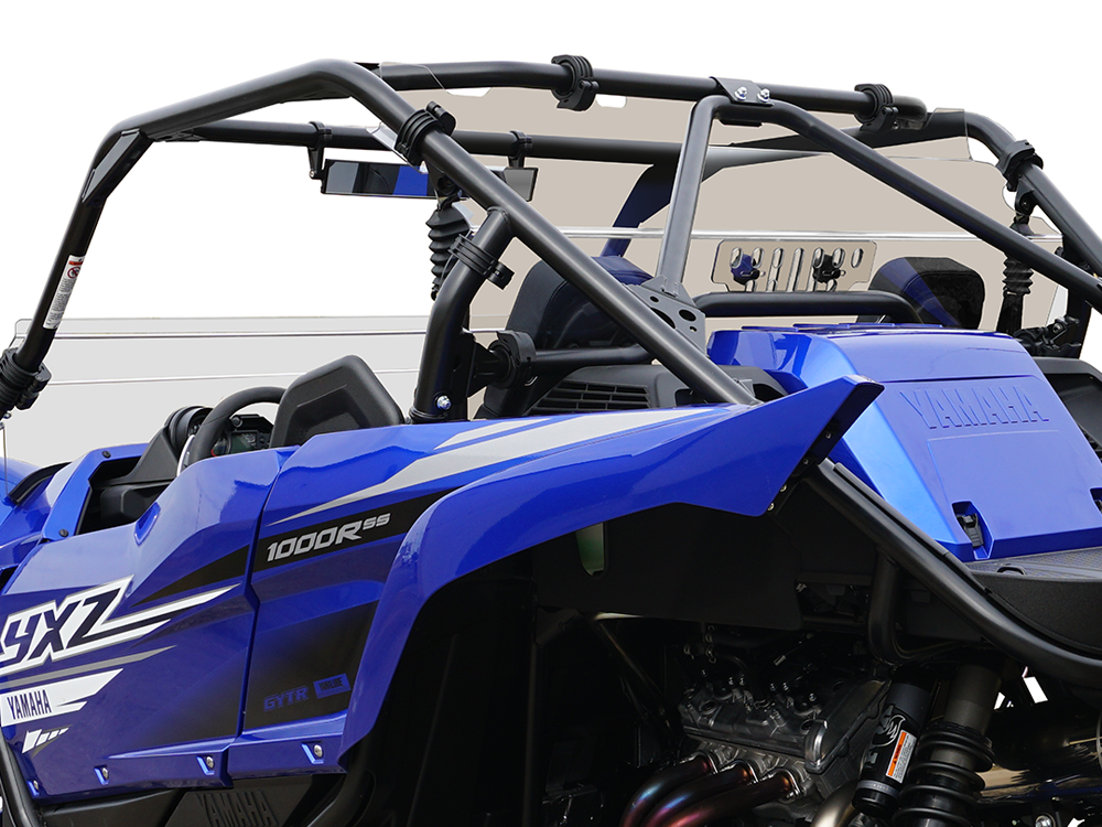 A close-up of the Yamaha YXZ 2019 Rear Shield-Tinted-GP (with slots for OEM GYT harness) installed, highlighting rear protection, rugged design, and tinted finish on a Yamaha side-by-side off-road vehicle.
