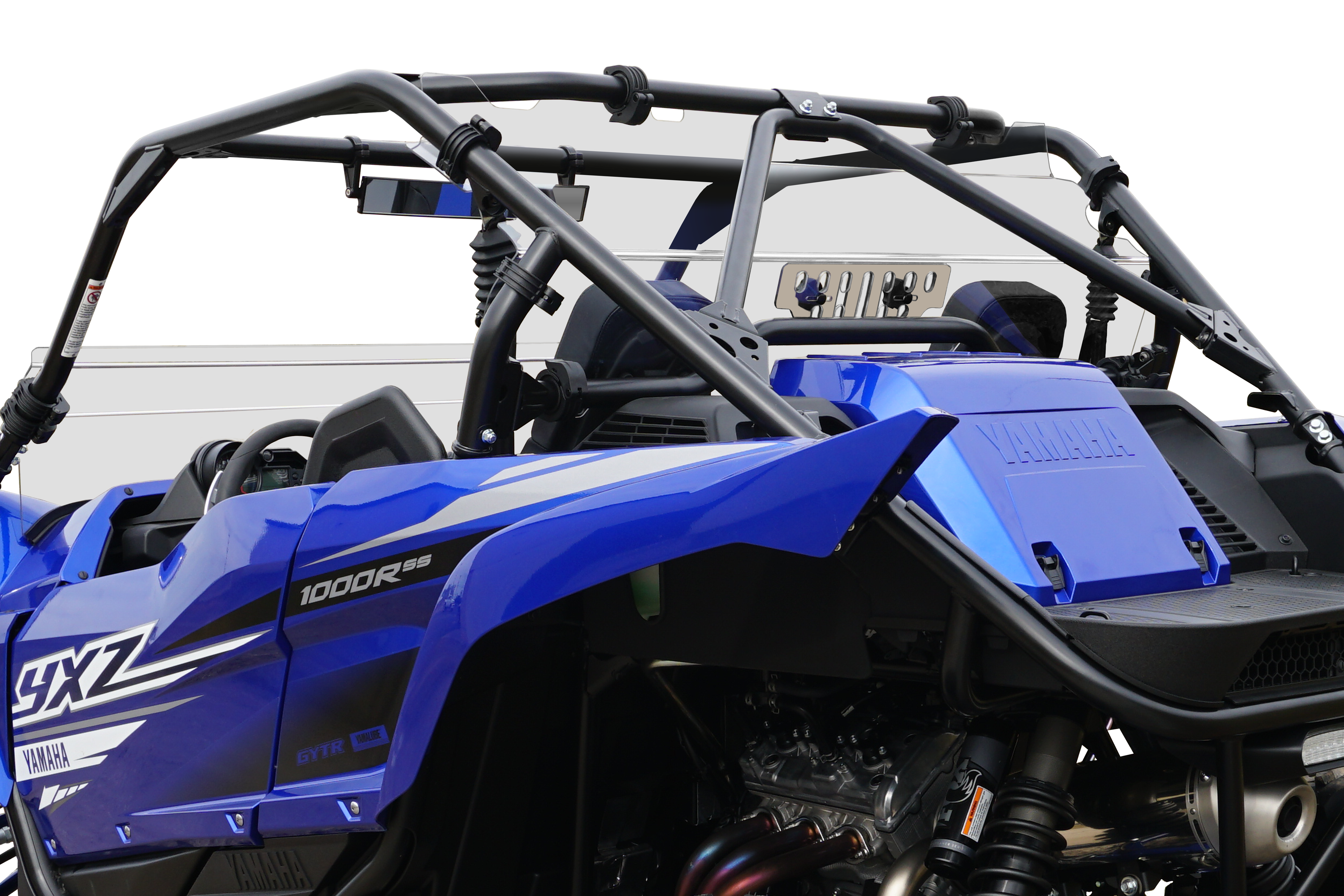 Close-up view of a blue Yamaha YXZ 2019 with Rear Shield-Gp (w/slots to fit OEM GYT harness) installed. The image features the roll cage, seats, dashboard, and exposed engine. YXZ 1000R SS branding appears on the side panel against a white background.