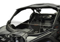 A Can Am Maverick X-3 (2017+) with a hard coated, scratch resistant short windshield. Matte black exterior, open angular cockpit, two racing seats, solid roof—rugged interior made for adventure, all set against a plain white background.