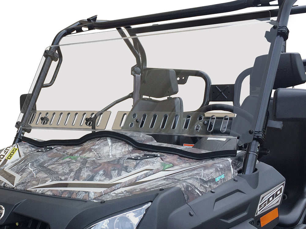A close-up of a Cf Moto U-Force 500/800 (2015+) side-by-side with a dual-venting scratch-resistant windshield, camouflage body, black frame, metal brackets, vents at the bottom edge, and two seats for off-road use.