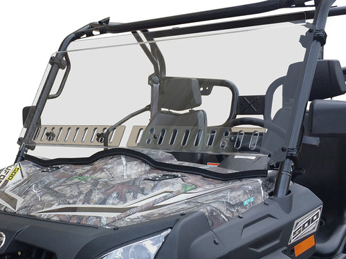 A close-up of a Cf Moto U-Force 1000 (2019+) featuring a full vented, hard-coated scratch-resistant windshield, camouflage hood, two seats, sturdy frame with side mirrors, and roll bars. The white background highlights the vehicle.