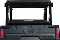 Rear view of a black Polaris Ranger Midsize (Profile Tubing) Rear Window Gp (2015+) showing its tailgate, rear window, and two red tail lights. The Polaris logo appears on the lower right of the tailgate and the partially open window reveals the interior.