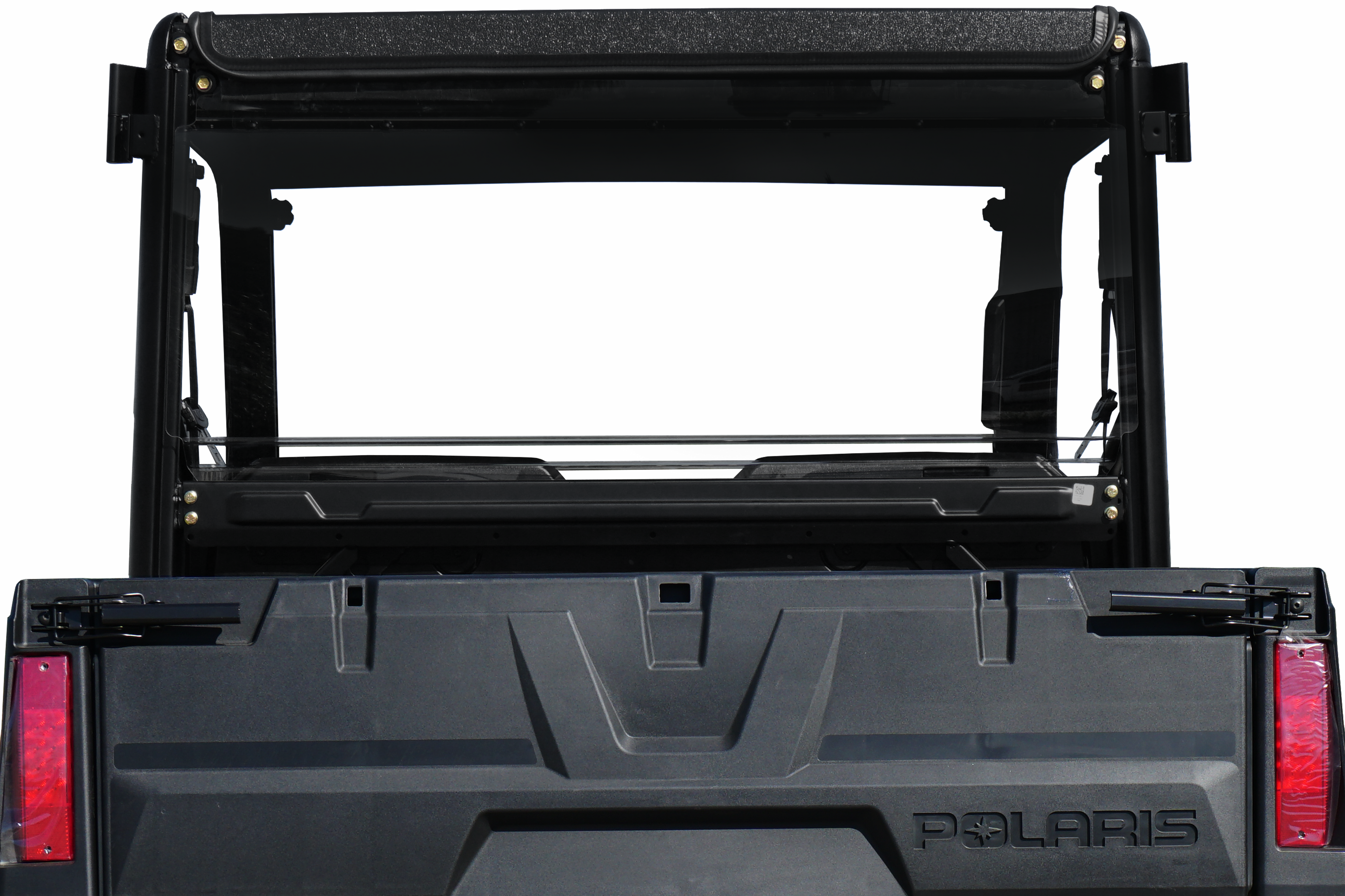 Rear view of a black Polaris Ranger Midsize (Profile Tubing) Rear Window Gp (2015+) showing its tailgate, rear window, and two red tail lights. The Polaris logo appears on the lower right of the tailgate and the partially open window reveals the interior.