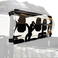 The Yamaha Viking Rear Window-Gp 2012-2020 is a clear, tinted rear windshield attached with black straps to an open utility vehicle with camouflage-patterned seats, covering the back half of the cab for protection and visibility.