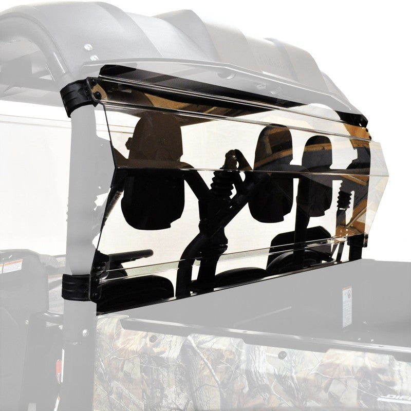 The Yamaha Viking Rear Window-Gp 2012-2020 is a clear, tinted rear windshield attached with black straps to an open utility vehicle with camouflage-patterned seats, covering the back half of the cab for protection and visibility.