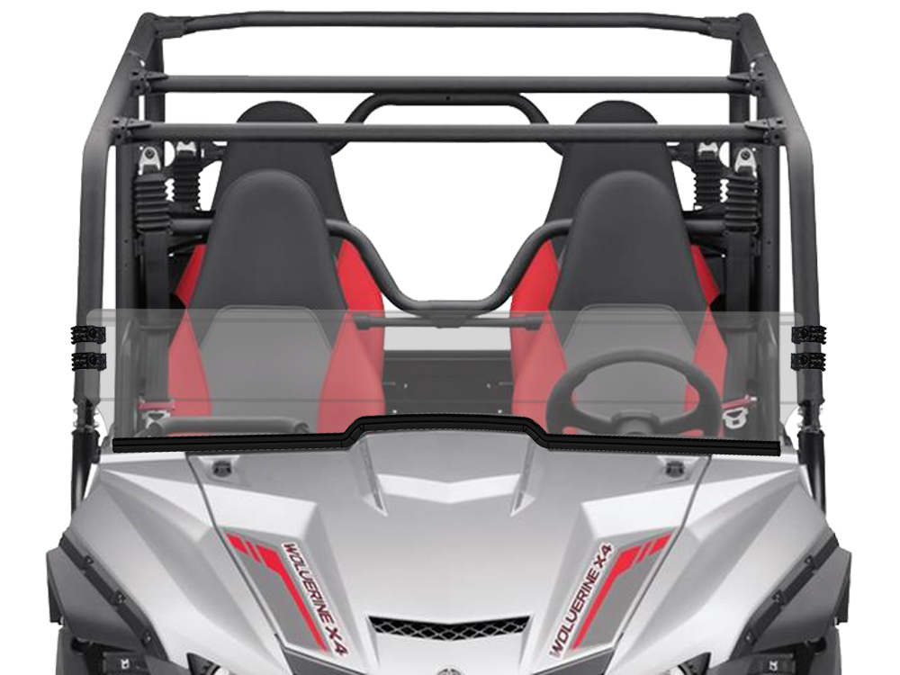 A front view of a silver Yamaha Wolverine X-4 2015-20 with a Scratch Resistant Short Windshield, roll cage, four bucket seats in black and red, visible steering wheel, and the vehicles branding on the hood.