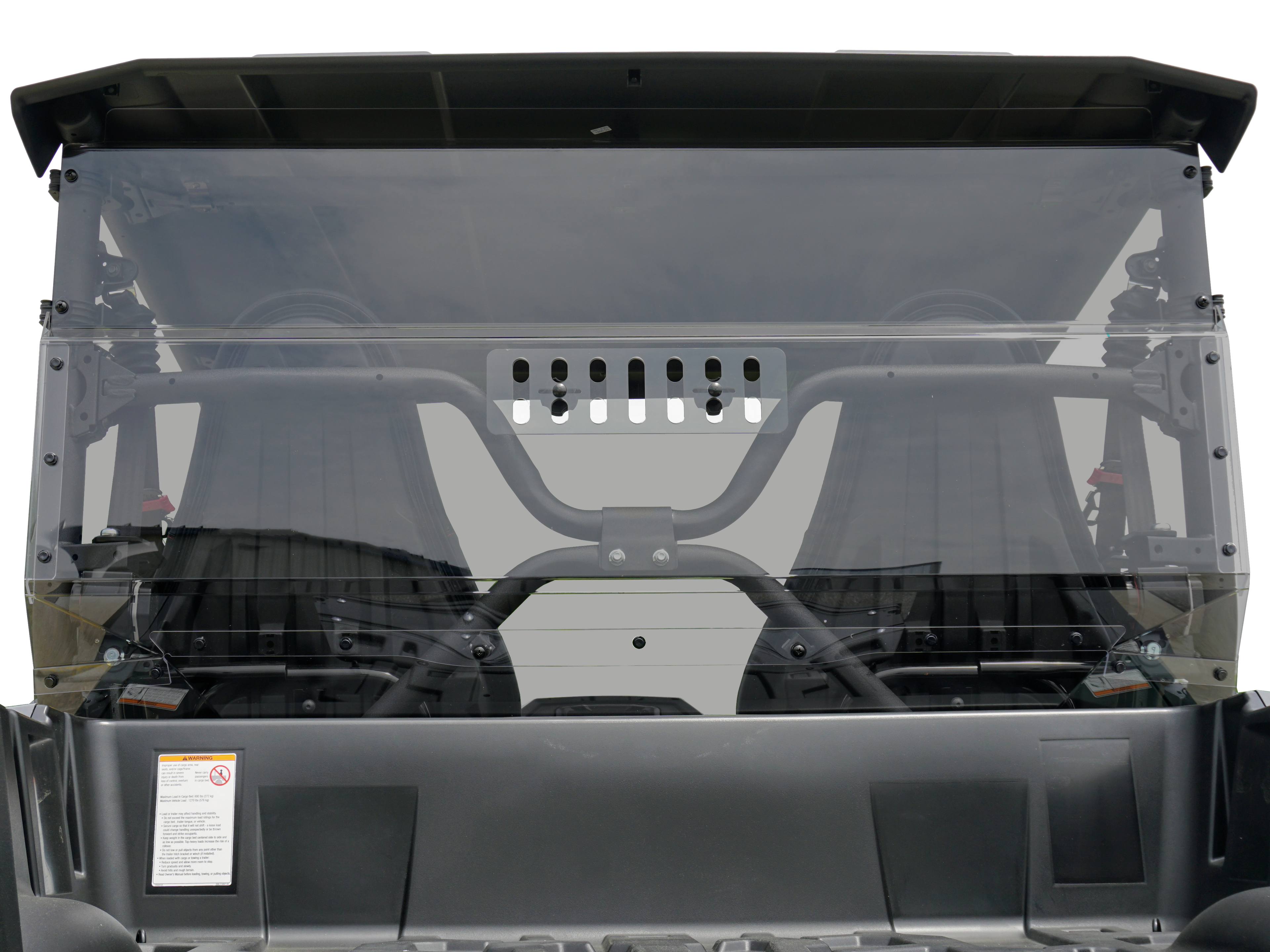 Close-up of a Yamaha Wolverine X-2 Rear Windshield-Vented/Tinted (2019-2020), showing the transparent panel, frame, partial seats, roll cage, headrests, and safety bars in detail.