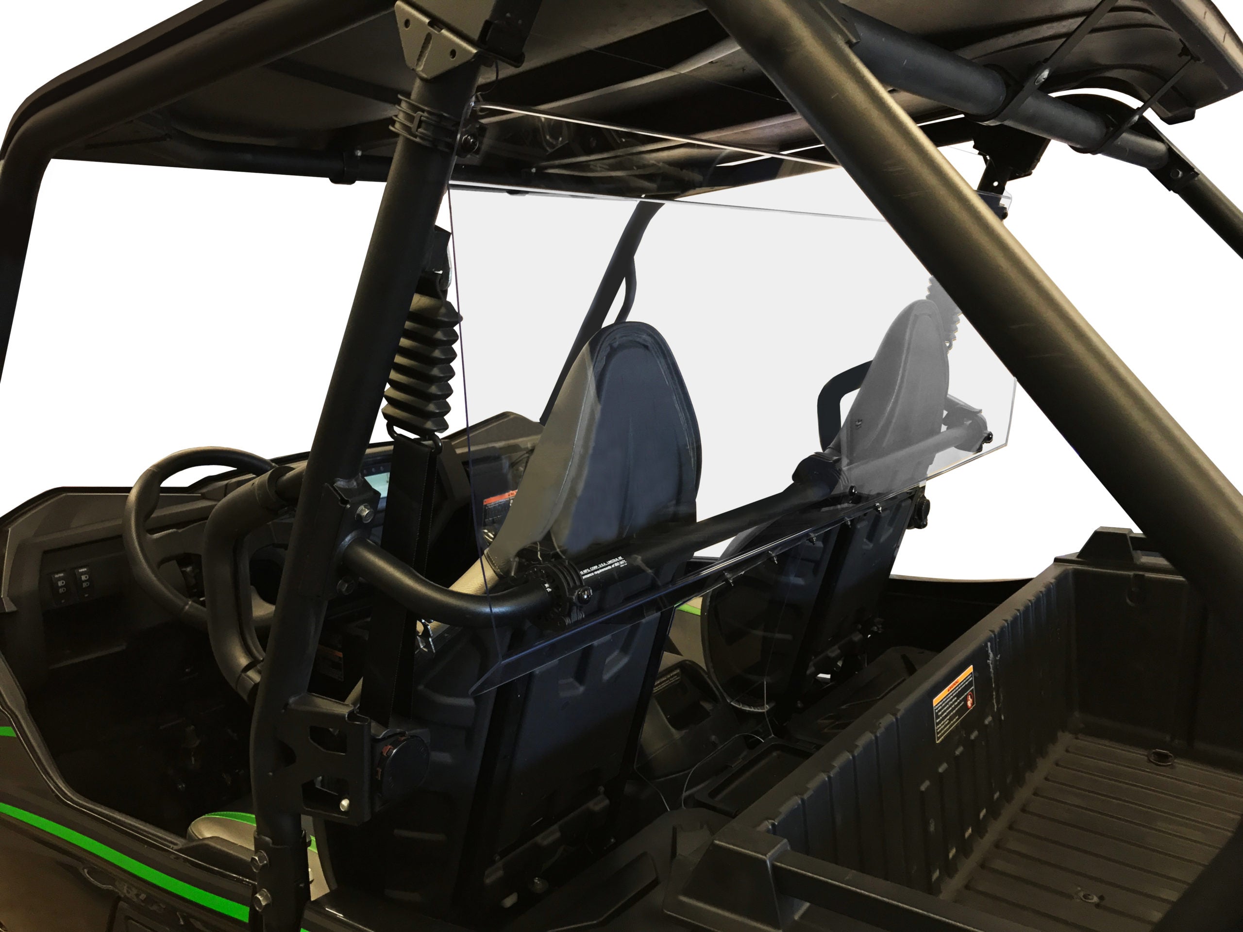 A Kawasaki Teryx (2014-2017) N/A Teryx-4 Rear Windshield-Gp is installed between the front seats of a 2014+ Kawasaki Teryx 2, separating driver and passenger areas. The off-road vehicle features roll bars, harness seatbelts, and a cargo bed.