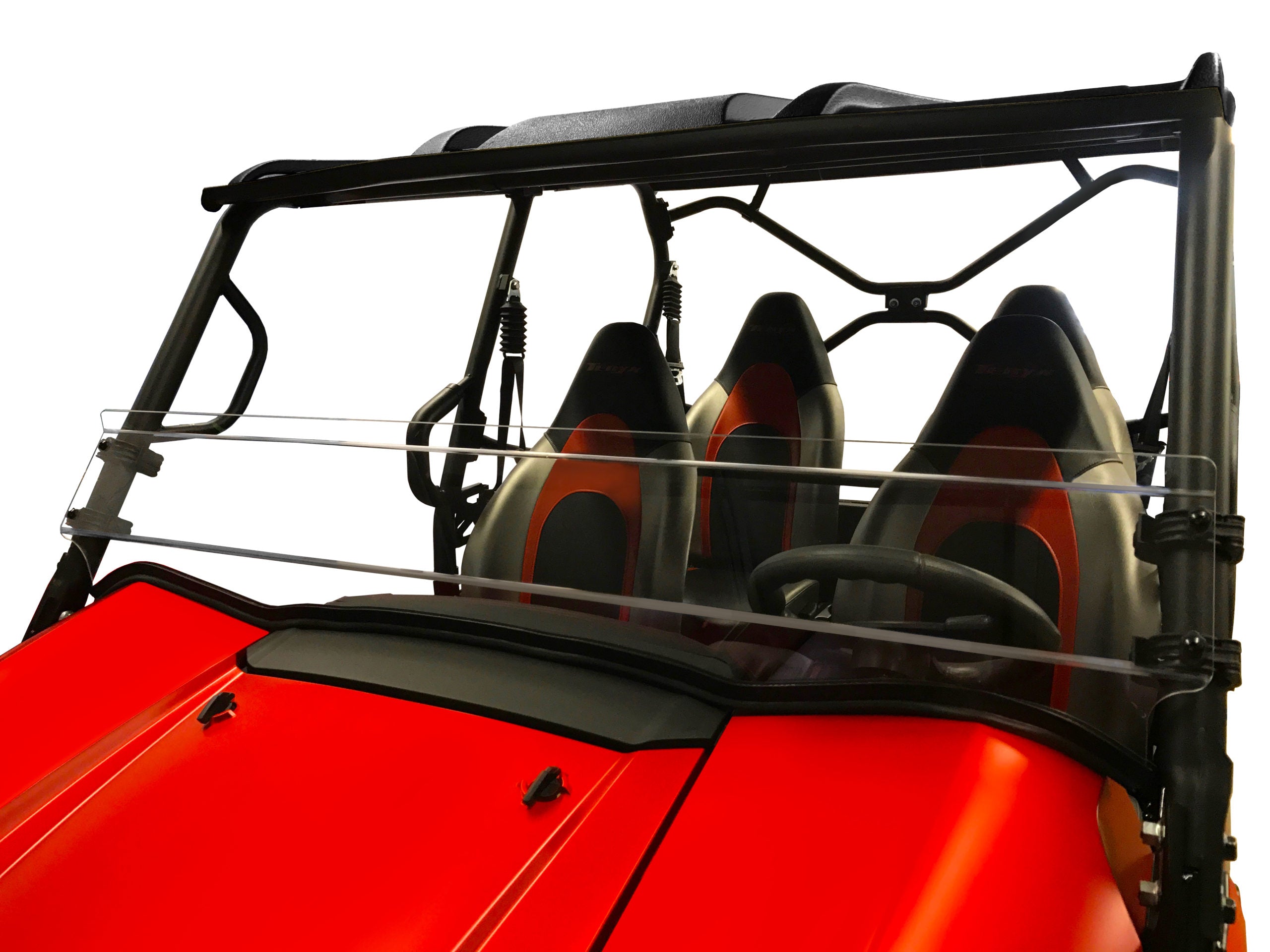 A close-up of a Kawasaki Teryx-4 / Teryx (2016+) UTV with a Short Shield-Hard Coated Scratch Resistant windshield, showing its two black seats with red accents and sporty open cabin. Plain white background highlights the vehicles design and roll bars.