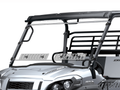 A close-up of a Kawasaki Mule Pro-Fxr Full Scratch Resistant Windshield w/Dual Vents (2017+), showing two clear, adjustable glass panels with vent slots, black metal brackets, a sturdy black frame, and two overhead light bars.