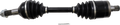 A black and silver car axle shaft with two large rubber boots, one on each end, and metal fittings on both sides. A small metal cotter pin is placed below the axle, against a plain white background.