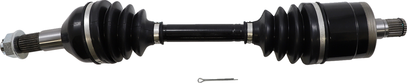 A black and silver car axle shaft with two large rubber boots, one on each end, and metal fittings on both sides. A small metal cotter pin is placed below the axle, against a plain white background.