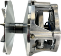 A close-up side view of a metallic mechanical component, likely a clutch or pulley system. The part features a smooth, shiny disc on one side and an open, sturdy aluminum housing with visible internal mechanisms, bolts, and a blue circular element.