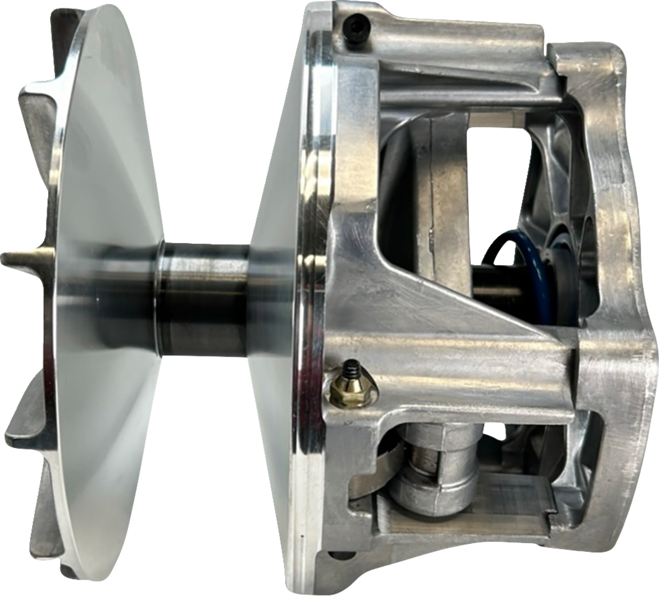 A close-up side view of a metallic mechanical component, likely a clutch or pulley system. The part features a smooth, shiny disc on one side and an open, sturdy aluminum housing with visible internal mechanisms, bolts, and a blue circular element.