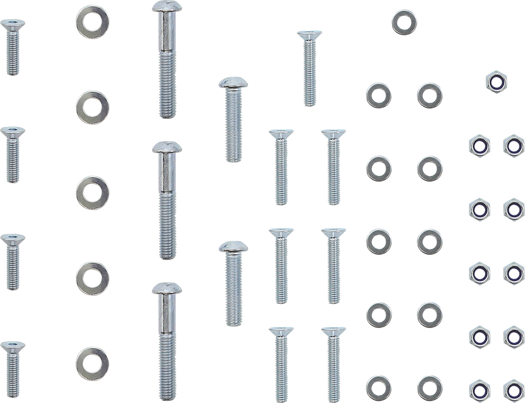 An assortment of metal bolts, washers, and hex nuts are neatly arranged on a white background in a symmetrical grid pattern, with each type of hardware grouped together in separate rows and columns.