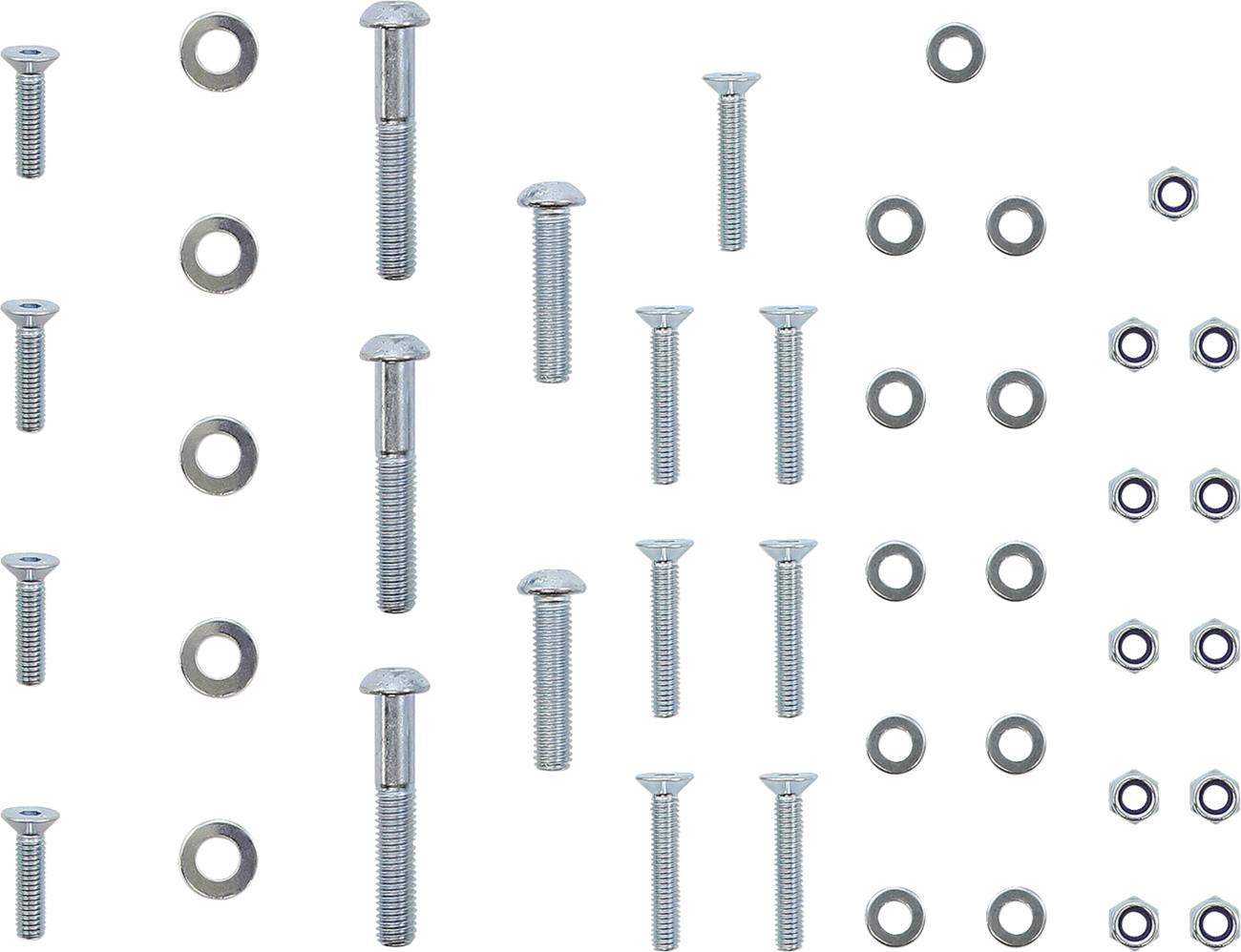 An assortment of metal bolts, washers, and hex nuts are neatly arranged on a white background in a symmetrical grid pattern, with each type of hardware grouped together in separate rows and columns.