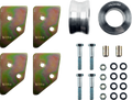 A hardware kit with four gold, L-shaped metal brackets, one silver cylindrical spacer, one steel ring labeled “216180”, two small metal bushings, four bolts, four nuts, and eight washers, all arranged neatly on a white background.