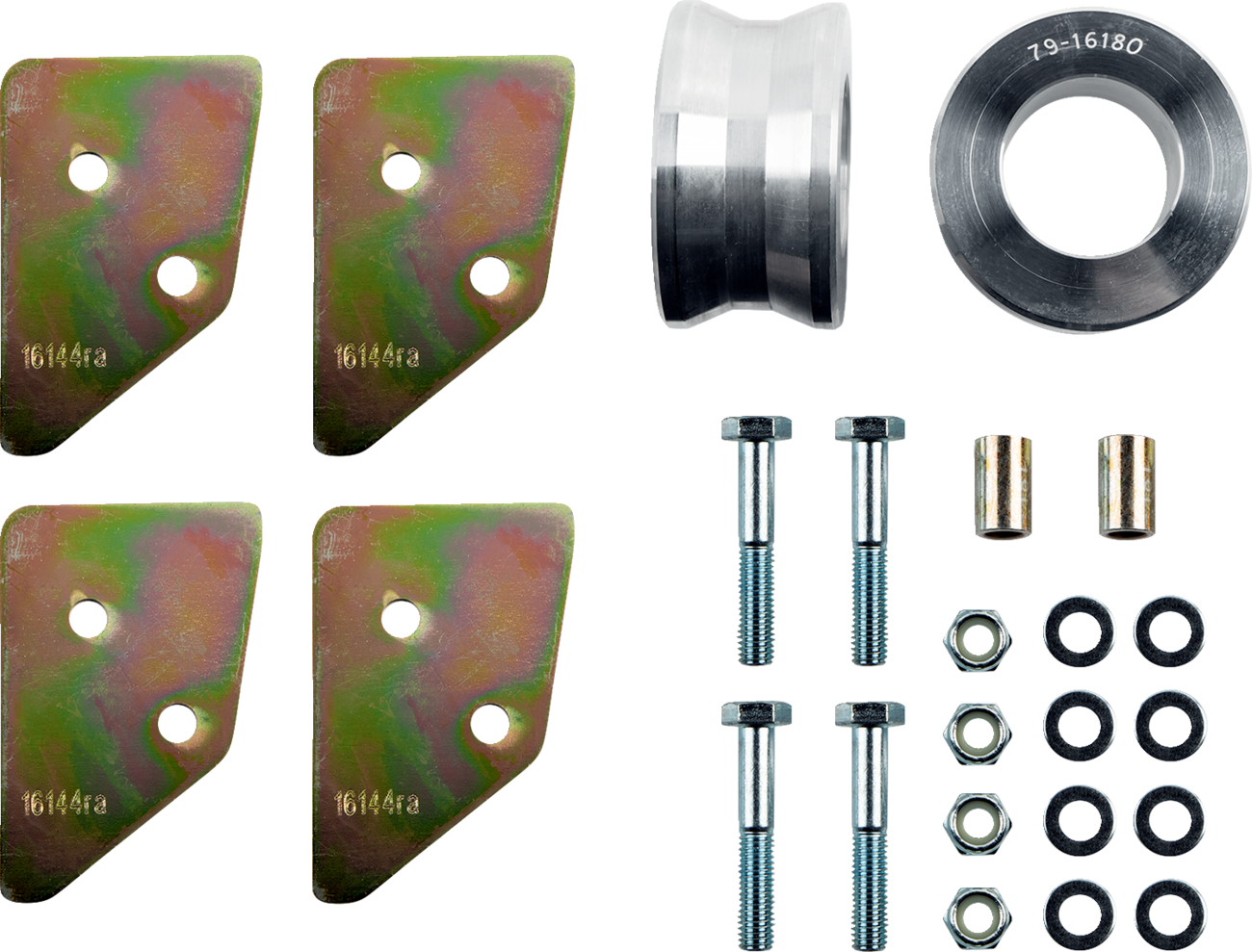 A hardware kit with four gold, L-shaped metal brackets, one silver cylindrical spacer, one steel ring labeled “216180”, two small metal bushings, four bolts, four nuts, and eight washers, all arranged neatly on a white background.