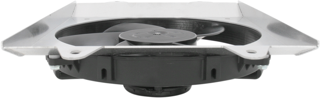 A close-up view of an electric cooling fan assembly with black fan blades housed in a round black casing, mounted on a flat metallic shroud, photographed from a low front angle against a white background.