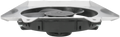 A close-up view of an electric cooling fan assembly with black fan blades housed in a round black casing, mounted on a flat metallic shroud, photographed from a low front angle against a white background.